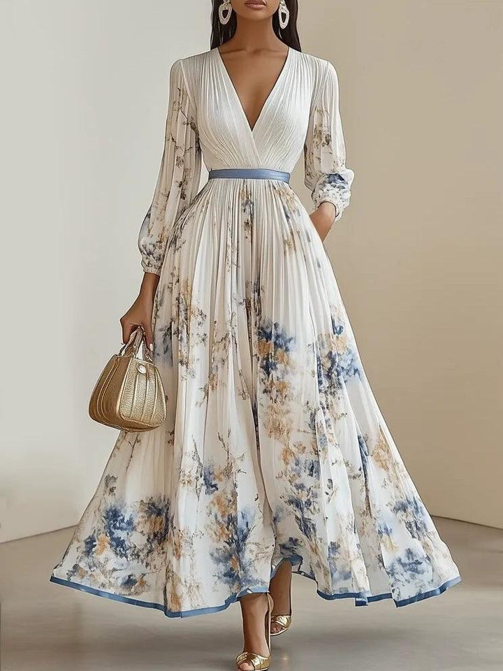 Neues weißes, plissiertes Chiffon-Maxikleid mit V-Ausschnitt, Blumenmuster, langen Ärmeln, Ballonärmeln und A-Linien-Schnitt