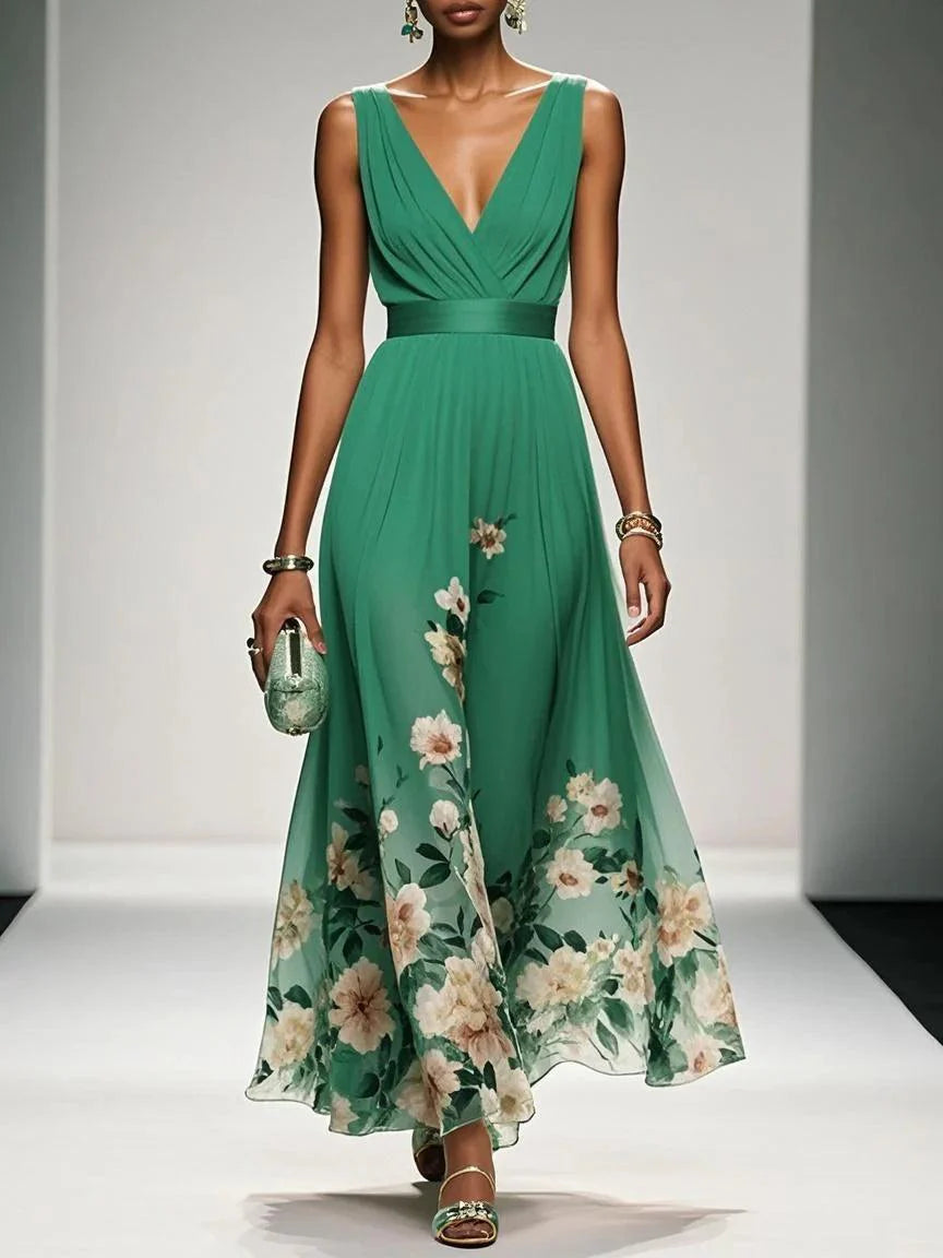 Hellblaues, ärmelloses A-Linien-Maxikleid aus Chiffon mit Blumenmuster und V-Ausschnitt