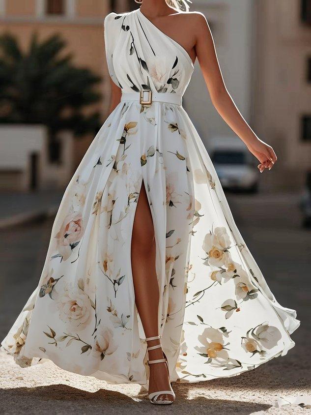 Hellgrünes, geblümtes, gerafftes A-Linien-Maxikleid aus Chiffon mit One-Shoulder-Schulter.