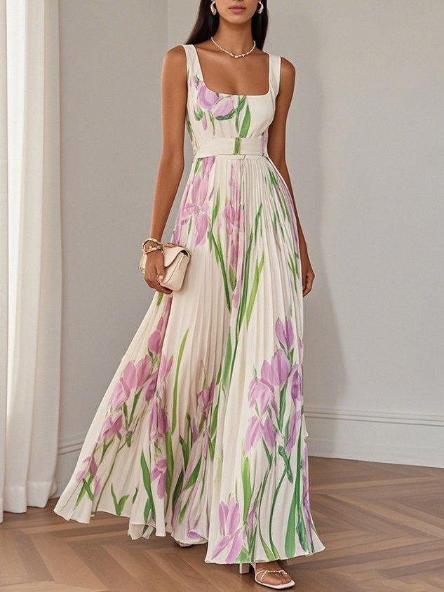 Weißes, plissiertes, blumengemustertes Chiffonkleid mit eckigem Ausschnitt, ärmellos, A-Linien-Maxikleid