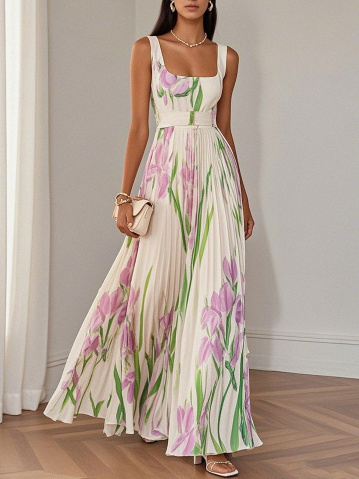 Weißes, plissiertes, blumengemustertes Chiffonkleid mit eckigem Ausschnitt, ärmellos, A-Linien-Maxikleid