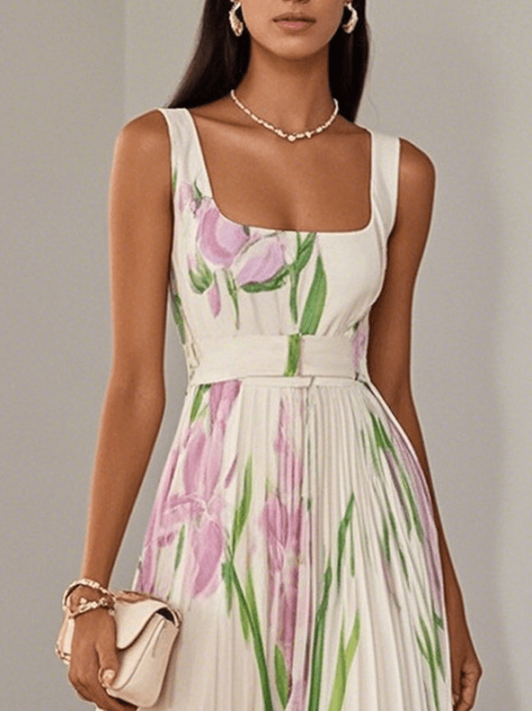 Weißes, plissiertes, blumengemustertes Chiffonkleid mit eckigem Ausschnitt, ärmellos, A-Linien-Maxikleid