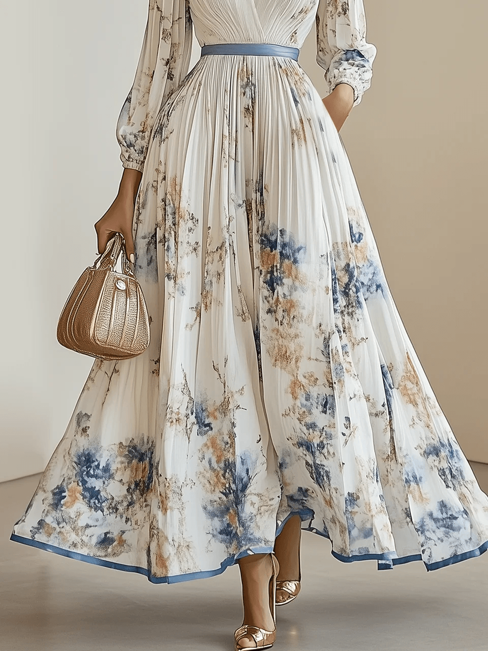 Neues weißes, plissiertes Chiffon-Maxikleid mit V-Ausschnitt, Blumenmuster, langen Ärmeln, Ballonärmeln und A-Linien-Schnitt