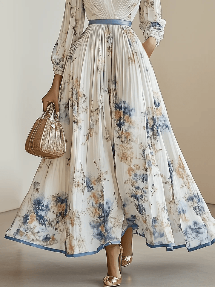 Neues weißes, plissiertes Chiffon-Maxikleid mit V-Ausschnitt, Blumenmuster, langen Ärmeln, Ballonärmeln und A-Linien-Schnitt
