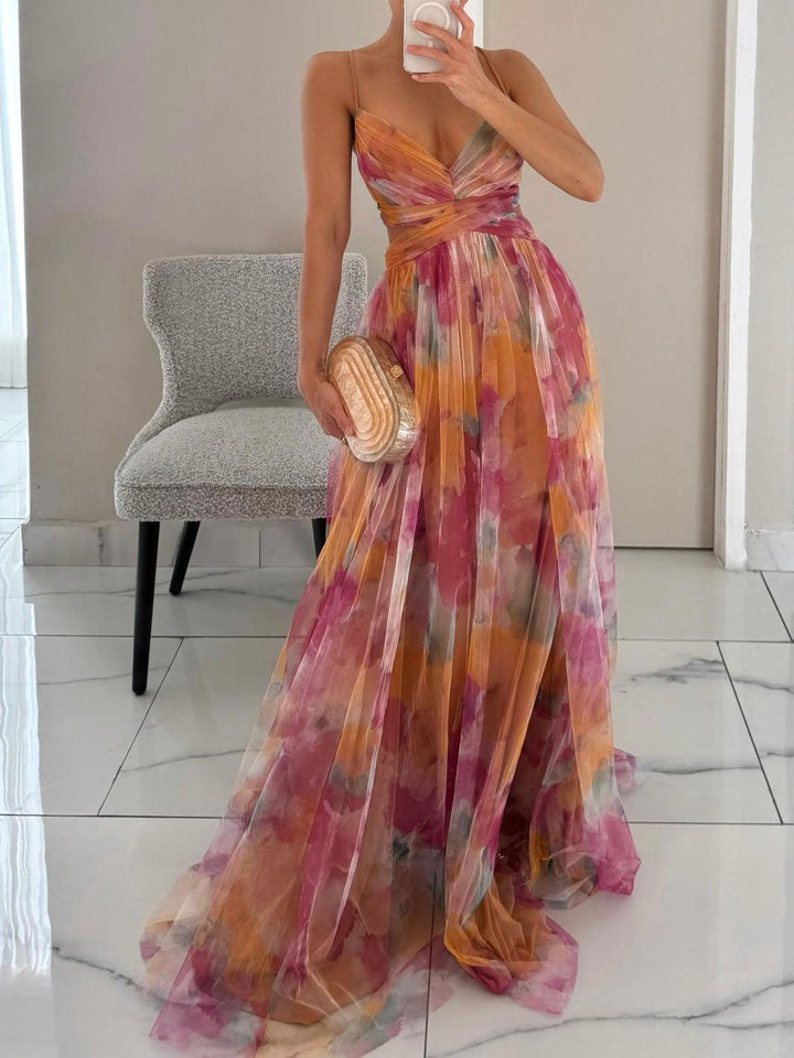 Elegantes Maxikleid in A-Linie mit gemaltem Blumenmuster und V-Ausschnitt
