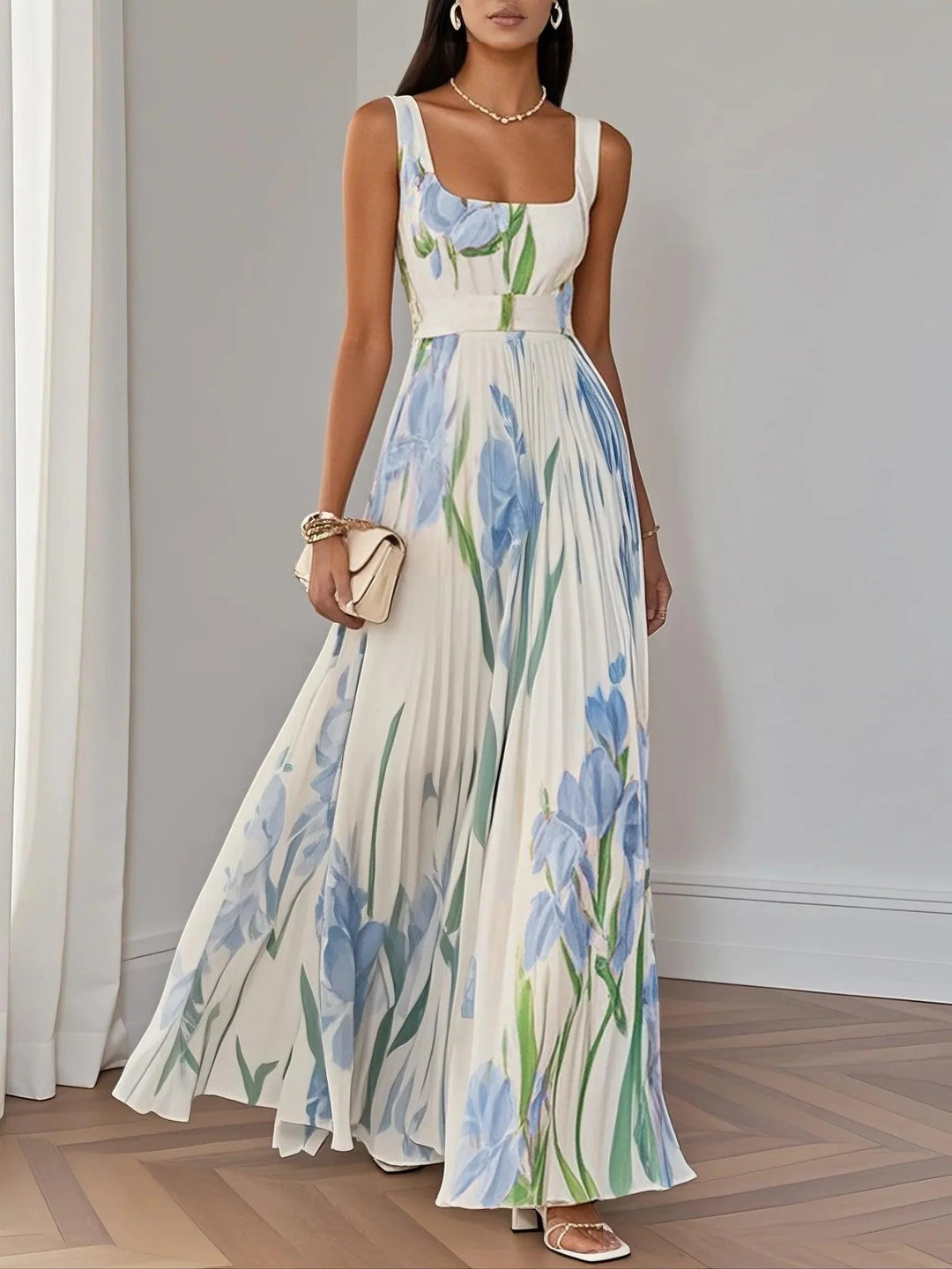 Weißes, plissiertes, blumengemustertes Chiffonkleid mit eckigem Ausschnitt, ärmellos, A-Linien-Maxikleid