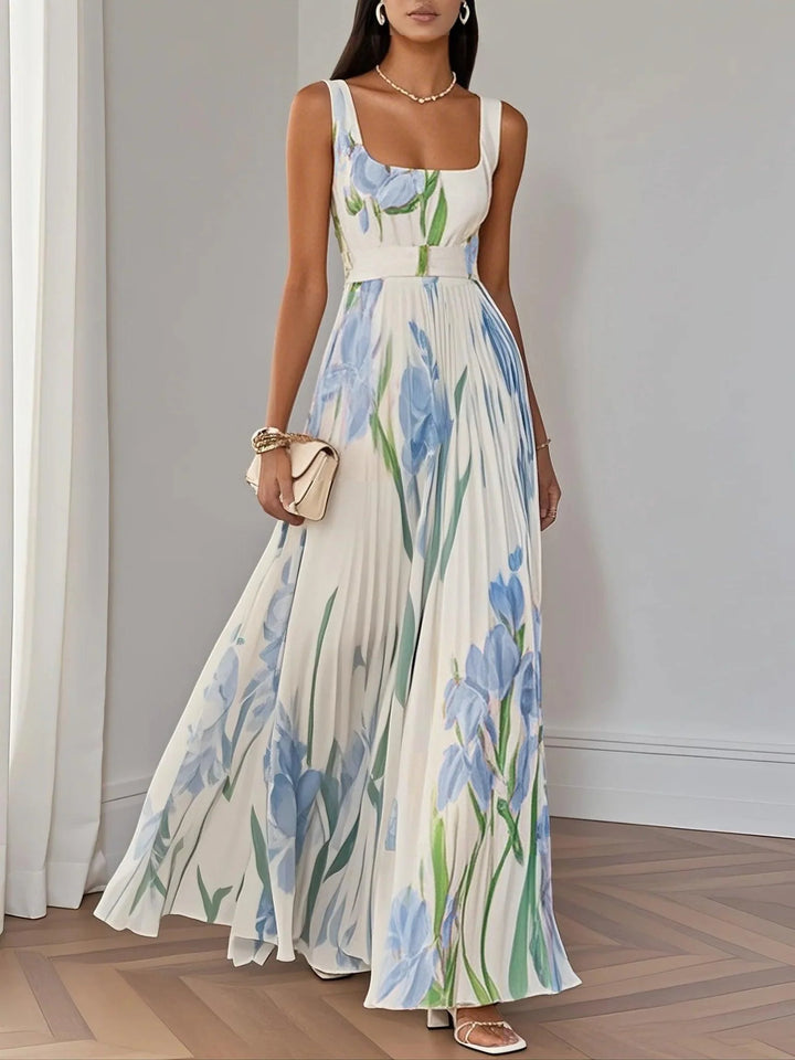 Weißes, plissiertes, blumengemustertes Chiffonkleid mit eckigem Ausschnitt, ärmellos, A-Linien-Maxikleid