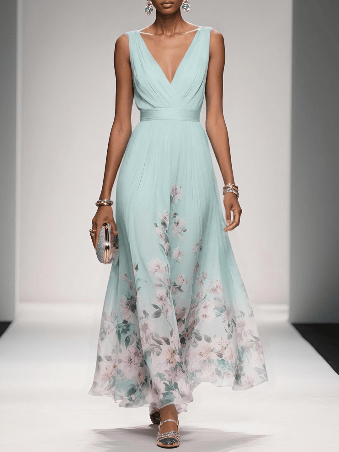 Hellblaues, ärmelloses A-Linien-Maxikleid aus Chiffon mit Blumenmuster und V-Ausschnitt
