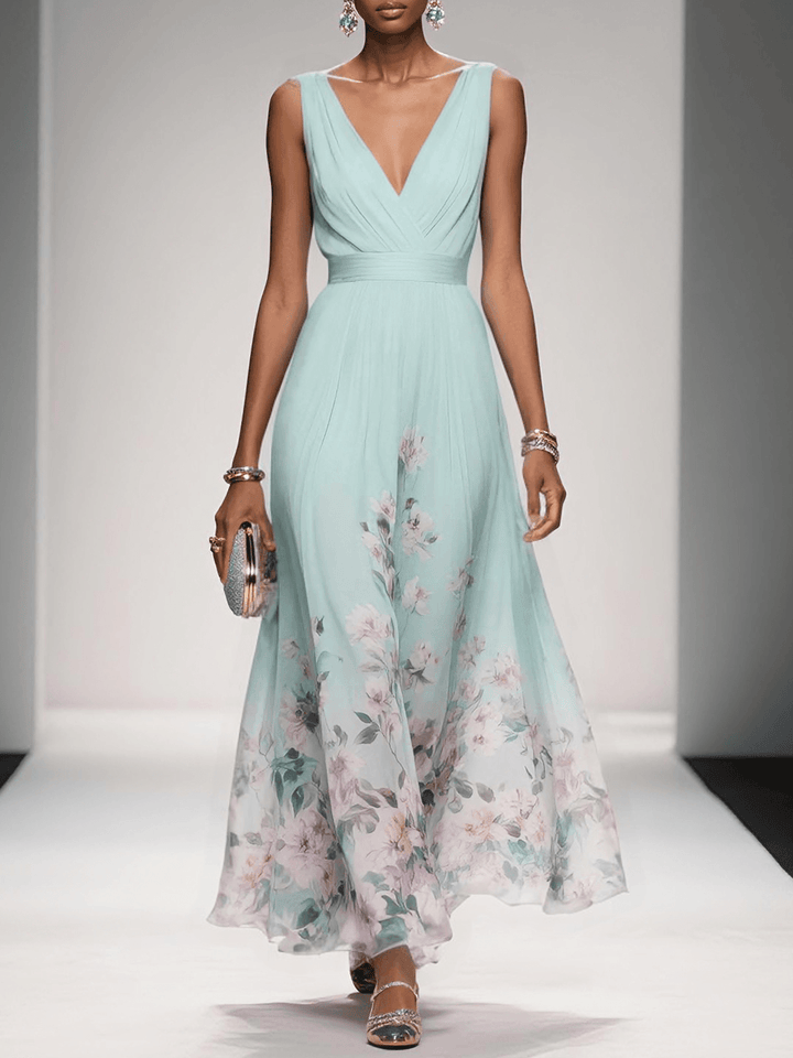 Hellblaues, ärmelloses A-Linien-Maxikleid aus Chiffon mit Blumenmuster und V-Ausschnitt