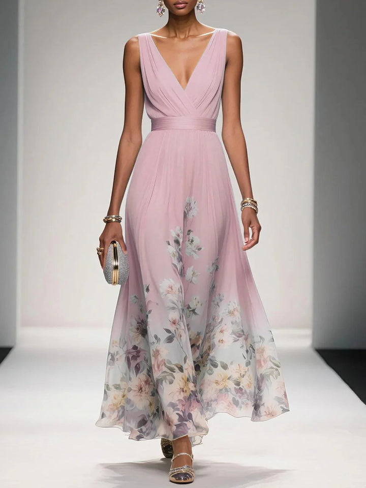 Hellblaues, ärmelloses A-Linien-Maxikleid aus Chiffon mit Blumenmuster und V-Ausschnitt