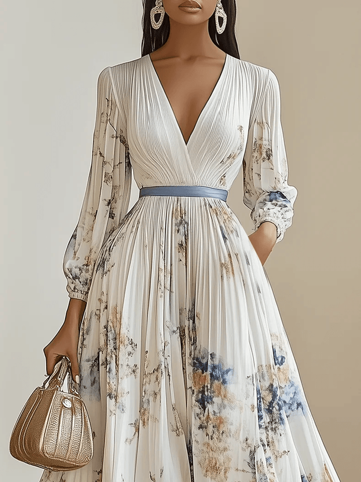 Neues weißes, plissiertes Chiffon-Maxikleid mit V-Ausschnitt, Blumenmuster, langen Ärmeln, Ballonärmeln und A-Linien-Schnitt