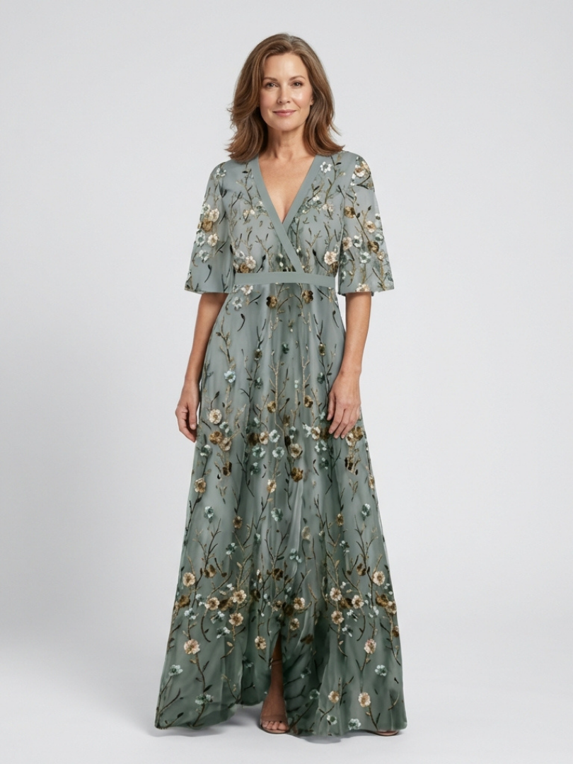 Claire Verra™ | Floral V Neck Short Sleeve Maxi Dress