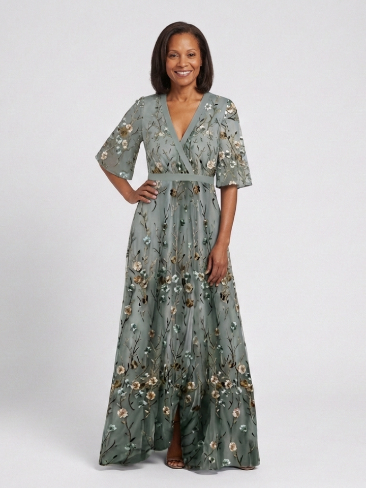 Claire Verra™ | Floral V Neck Short Sleeve Maxi Dress