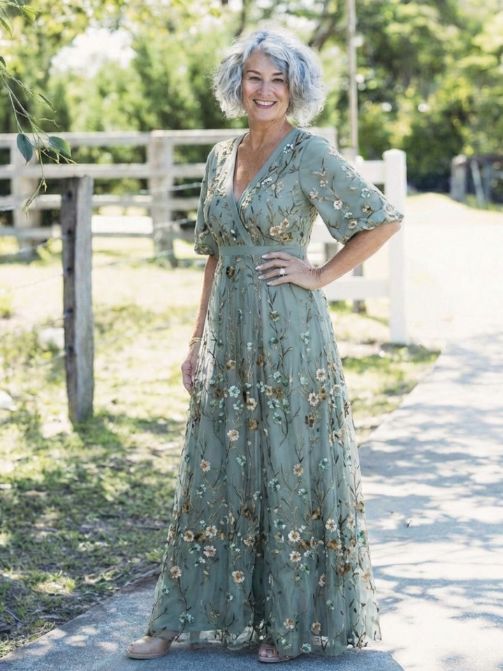 Claire Verra™ | Floral V Neck Short Sleeve Maxi Dress