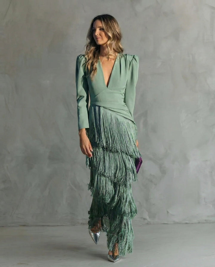 Elara™ | Elegant midi dress with fringe sleeves
